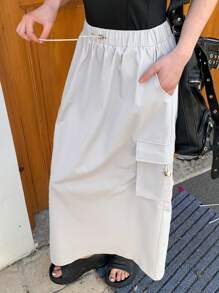 DAZY Women's Solid Color Drawstring Waist Utility Pocket Maxi Casual Skirt Fall Skirts - Grey - View 4