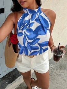 Breezaya Plus Size Women Plant Print Casual Halter Neck Shirt For New Year Clothes