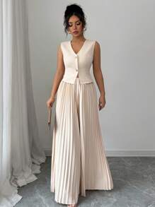 Elenzga 2 件套：纯色金属纽扣无袖衬衫和褶皱西裤，优雅女装 - 杏色 - 查看 5