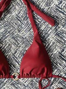 SHEIN Swim Nuevo conjunto de 2 piezas de top con tirantes y shorts con cordón en color vino tinto, atuendo de playa de verano para mujeres - Burdeos - Ver 5