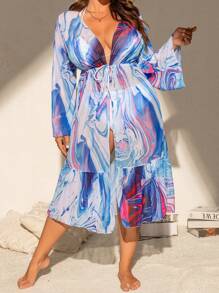 Swim Lushoire Plus Size Women's Printed Marble Pattern Long Sleeve Long Dress, Beach Cover-Up Essential For Summer - Blue - View 5