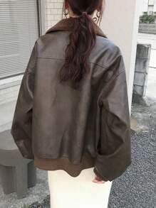 FRIFUL 女士长袖夹克，前拉链，带口袋，仿羊羔绒领拼接，秋冬季皮夹克 - 棕色 - 查看 7