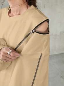 FRIFUL Women's Round Neck Loose Fit Contrast Top Stitching Body-Con Zipper Hollow Out T-Shirt, Fall Clothes Preppy Tops - Apricot - View 5