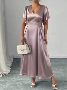 Elenzga Plus Size Women V-Neck Ruffle Sleeve Satin Reversible Dress - Champagne - View 3