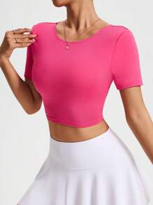 Lifespree تي شيرت رياضي قصير الأكمام وبلا ظهر باللون الأحادي البسيط