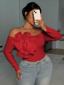 Elenzga Plus Size Elegant Off Shoulder Tight Fitting Floral Decor T-Shirt - Red - View 2