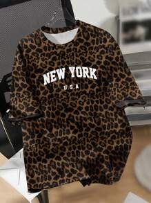 SHEIN EZwear 大码休闲简约豹纹圆领短袖 T 恤，适合夏季 - 彩色 - 查看 1