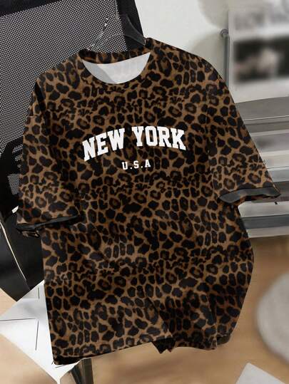 SHEIN EZwear Plus Size Casual Simple Leopard Print Round Neck Short Sleeve T-Shirt, Suitable For Summer Suitable For Going Out