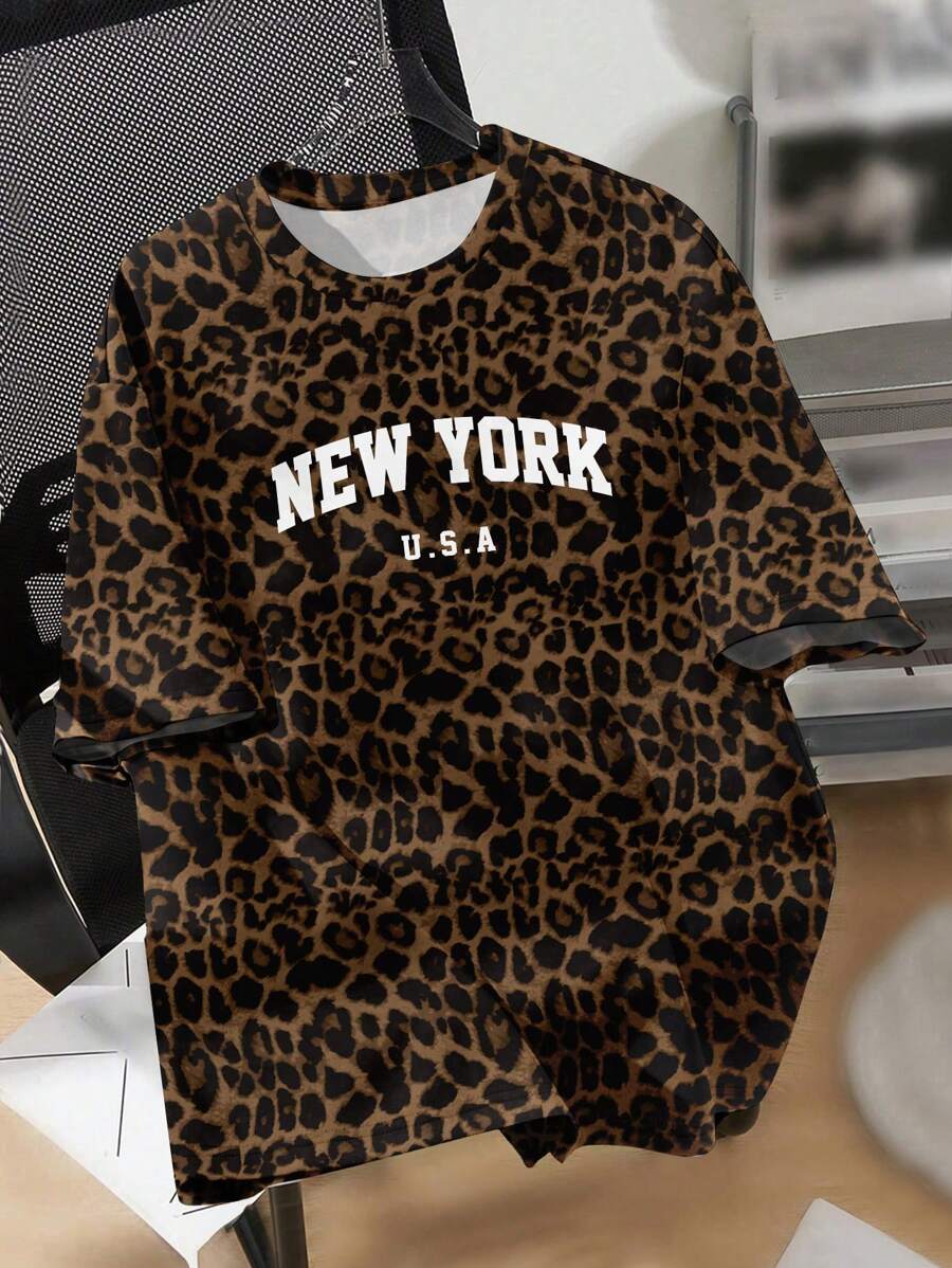 SHEIN EZwear 大码休闲简约豹纹圆领短袖 T 恤,适合夏季 - 彩色 - 查看 1