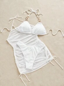 SHEIN Swim Curve Plus Size Women 3Pcs Solid Ribbed Halter 3-Point Cup Tankini Set With White Mesh Wrap Cover Up, Beach Holiday Swimwear - White - View 2