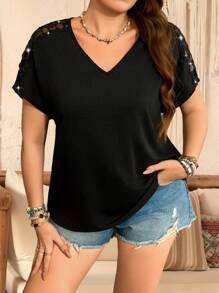 SHEIN LUNE SHEINLUNE 加大码女式亮片拼布黑色针织 T 恤女式春季夏季女式夏季复活节女式西部装女式上衣 - 黑色 - 查看 5