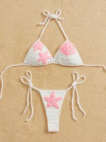 1set Women Colorblock Star & Shell Patched Knit Bikini Cover-Up, For Summer Beach Vacation - Multicolor - View 4