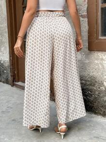 SHEIN LUNE Elegant Commute Vintage Casual Versatile Women's Fashion Floral Fabric Elastic Waist Loose Wide-Leg Pants, Plus Size, For Spring, Summer, Autumn