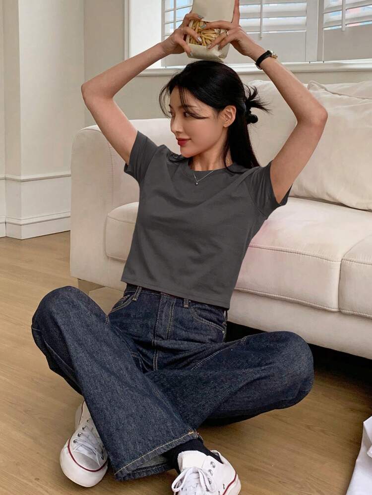 Women's Summer Solid Color Round Neck Short Sleeve Casual T-Shirt Preppy Tops Crop Women Tops