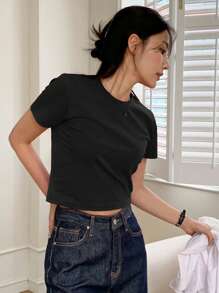 DAZY Camiseta casual de cuello redondo para mujer de manga corta de unicolor para verano