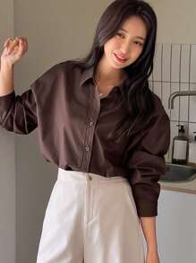 DAZY Camisa oversize con botones y hombros caídos, manga larga, ropa de otoño - Marrón Chocolate - Ver 6