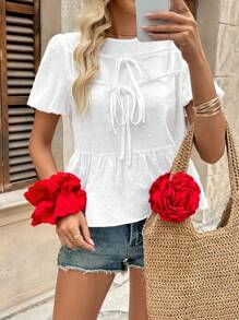 Chiquease Women's Bowknot Puff Sleeve Ruffled Hem Embroidered Blouse - White - View 5