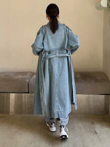 DAZY 女式休闲长款翻领双排扣牛仔夹克，秋季，返校服装 - 藍色 - 查看 5