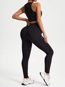 SHEIN Conjunto de 2 piezas de top cropped unicolor con panel de malla y leggings de cintura alta para maternidad, ropa deportiva para yoga y actividades al aire libre