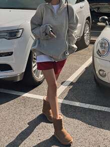 DAZY Half Zip Drop Shoulder Oversized Sweatshirt,Fall Women Clothes - Light Grey - View 8