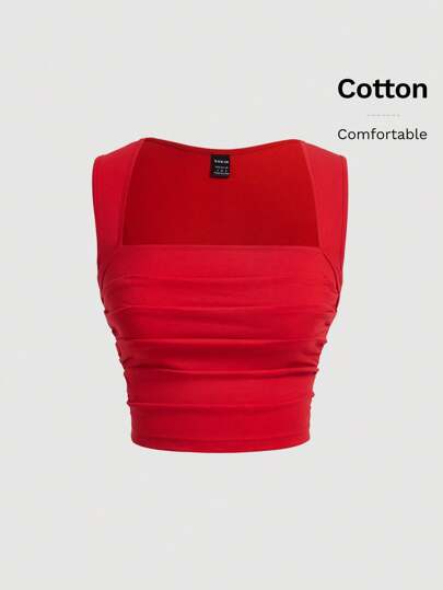 SHEIN MOD Camiseta de tirantes ajustada con cuello cuadrado y fruncidos en color rojo