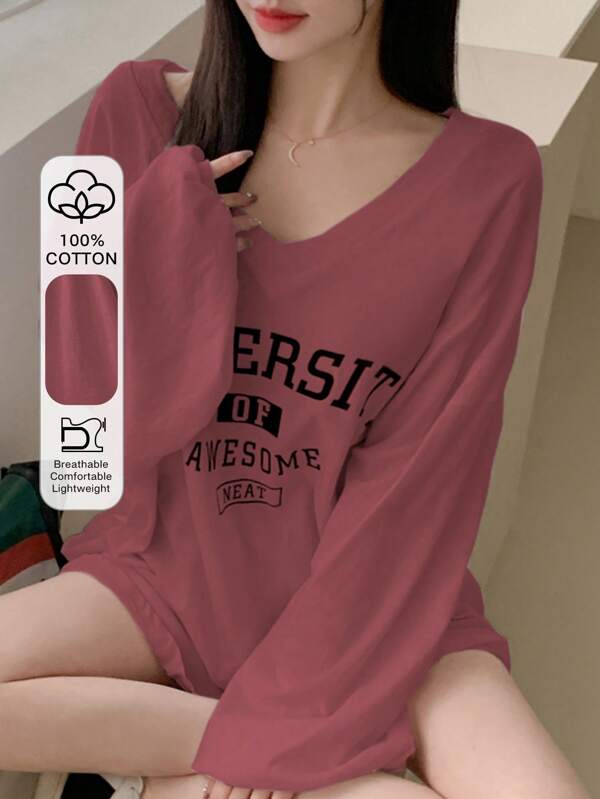 DAZY Women's Spring/Summer Loose Casual V-Neck Drop Shoulder Long Sleeve T-Shirt With Letter Print,Graphic Tees