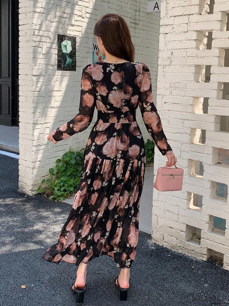 Women's V-Neck Full Floral Print Chiffon Dress,Ruffle,Fall Clothes Long Sleeve Dress Vacation Outfits Women