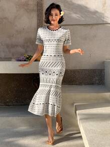 DAZY Geometric Pattern Round Neck Loose Women Midi Dress Boho Sundress,Casual Women Dresses Vacation - Black - View 3