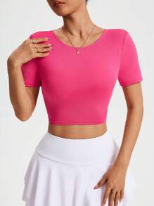 Lifespree تي شيرت رياضي قصير الأكمام وبلا ظهر باللون الأحادي البسيط