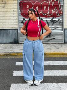 SHEIN ICON 大码女式阔腿休闲松紧腰洗水牛仔工装裤 - 淺藍色 - 查看 6