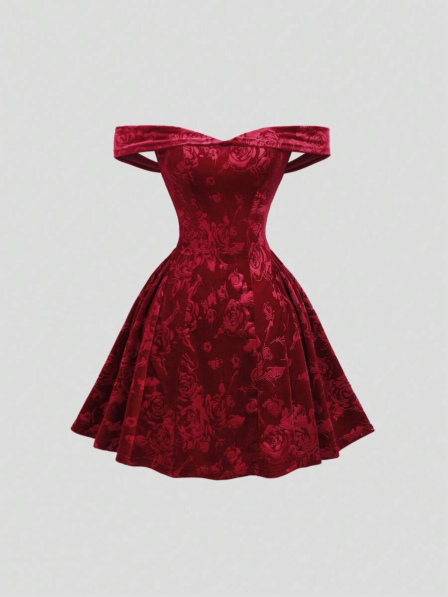 Sweetra Váy ngắn trễ vai cho nữ, dáng ôm bó nhung, tiệc Giáng sinh, hở lưng, họa tiết in màu đỏ gợi cảm cho trang phục năm mới - Đỏ - Xem 1