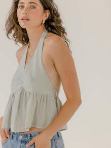 Aralina Striped Halter Neck Flowy Feminine Cute Summer Vacation Top - Green - View 3