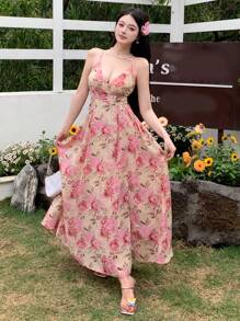 Joudiya 女士印花V领露背吊带连衣裙 夏季邮轮女装 吊带裙 度假装 复活节波西米亚风 - 粉色 - 查看 2