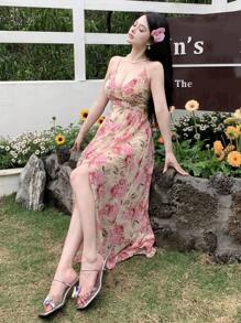 Joudiya 女士印花V领露背吊带连衣裙 夏季邮轮女装 吊带裙 度假装 复活节波西米亚风 - 粉色 - 查看 10