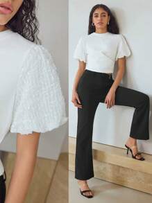 MOTF STUDIO 撞色泡泡袖褶皱 T 恤 - 白色 - 查看 8