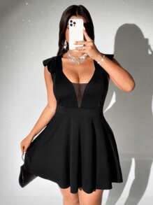 Viva Relle 大码女式纯色网眼拼接盖袖性感连衣裙