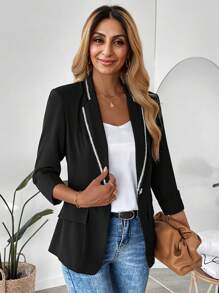 EMERY ROSE Women's Casual Commuter Color Block Lapel Thin Blazer - Black - View 7