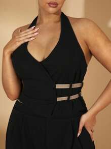 SHEIN BAE Plus Size Women 2pcs Set Strap Decor V-Neck Top And Wide Leg Pants, Sexy Elegant Office Commute Party Outfit For Spring/Summer - Black - View 4