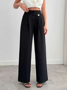EURMUSE Women Solid Color Button Detailed Wide Leg Pants Women Pants Wide Leg Women S Work Clothes Women S Outfit Wide Leg Jeans Woman Women S Clothes - Black - View 1