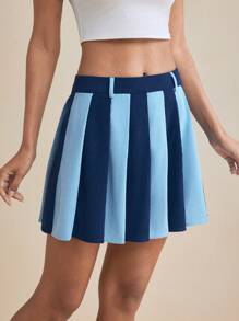 Qu Anne Designer Contrast Blue Corduroy Pleated Mini Skirt - Blue - View 4