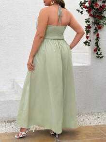 SHEIN LUNE Plus Size Cinched Waist Green V-Neck Vacation Dress - Green - View 3