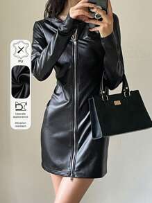 DAZY 女士时尚秋季短款 PU 紧身连衣裙、迷你连衣裙 - 黑色 - 查看 9