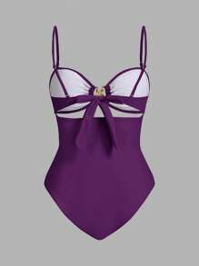Swim Oasis 1pc Solid Color One-Piece Swimsuit For Women, Suitable For Beach Vacation In Summer - Purple - View 3
