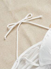 SHEIN Swim Curve Plus Size Women 3Pcs Solid Ribbed Halter 3-Point Cup Tankini Set With White Mesh Wrap Cover Up, Beach Holiday Swimwear - White - View 6