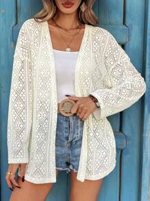 Breezaya Chaqueta con encaje calado, de manga larga, de corte holgado y ligera, para mujer, ideal para primavera/verano, uso casual o de vacaciones/viaje