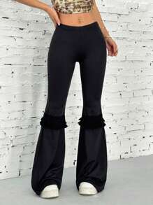 SHEIN EZwear بنطلون نسائي منخفض الخصر بحاشية دانتيل مُنسبل - الأسود - مشاهدة 1
