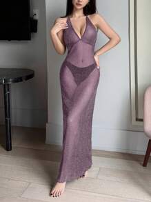 DAZY Camisón sexy con escote en V profundo, sin espalda y mezcla de lurex plateado transparente para salir, lencería para mujeres - Rojo violeta - Ver 3