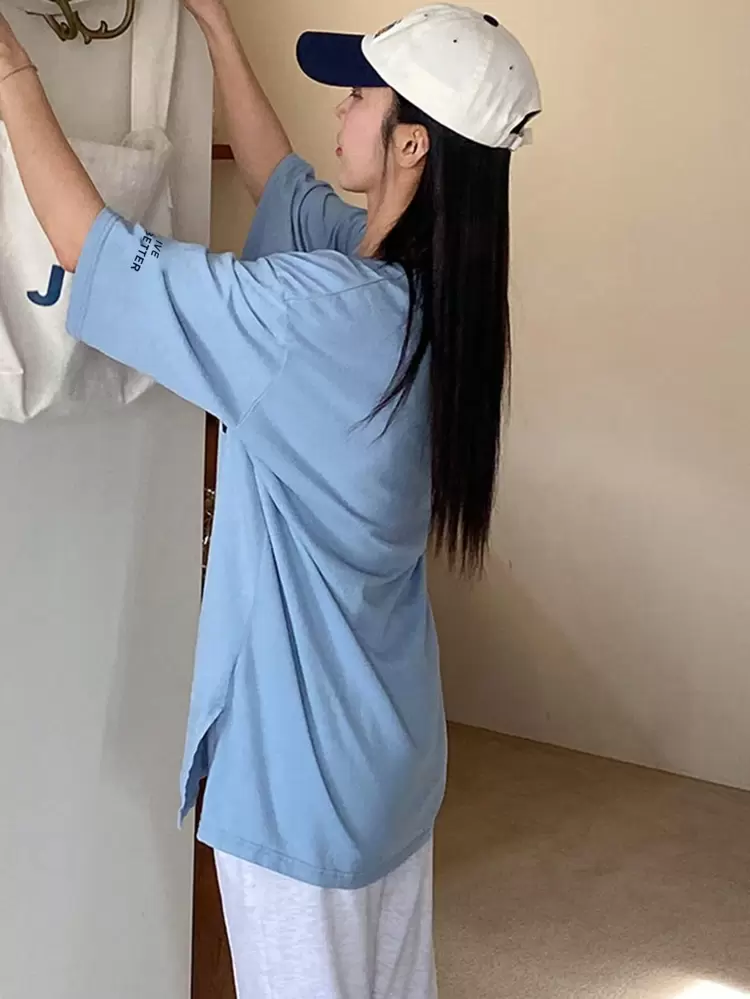 Women Loose Fit V-Neck Short-Sleeve Long T-Shirt With Letter Print Summer Oversized T-Shirt,Graphic Tees Preppy Tops
