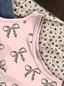 Attitoon Casual Minimalist Leopard Bow Decor Round Neck Tight Fitting Women Tank Top, Suitable For Summer Back To School Chic - Multicolor - View 4