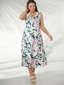 SHEIN Clasi Conjunto de 2 piezas para mujer talla grande: Cárdigan de encaje y vestido sin mangas con estampado floral de cuello en V